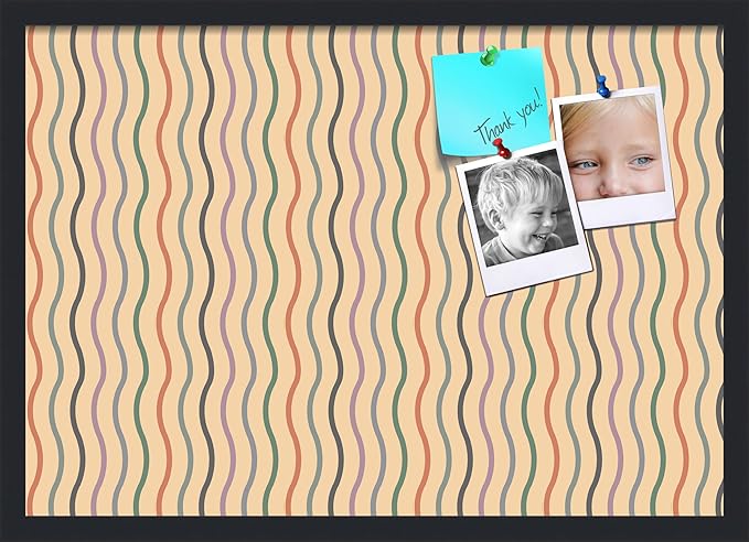 PinPix 27x19 Inch Cork Bulletin Board. This Decorative Framed Pin Board Comes with Multi Color Waves Design and a Satin Black Frame. Ideal for Home Office Decor or Message Board (PinPix-565)