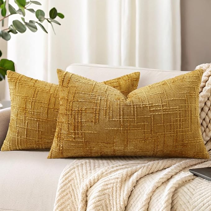 decorUhome Spring Mustard Yellow Chenille Throw Pillow Covers 12x20 Set of 2 Textured Soft Cozy Slubby Couch Pillow Covers Modern Farmhouse Boho Decorative Pillow Cases for Bed Sofa Living Room