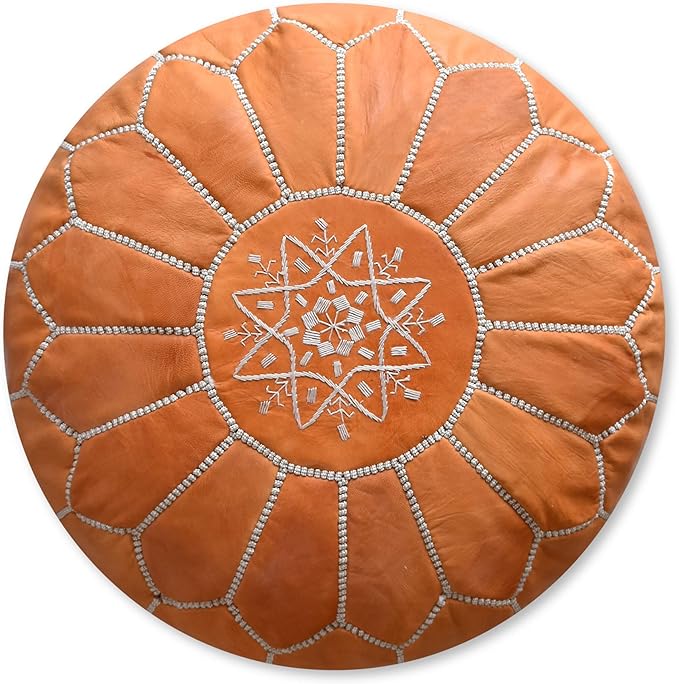 Premium Moroccan Leather Pouf - Handmade - Delivered Stuffed - Ottoman, Footstool, Floor Cushion (Sand Brown)