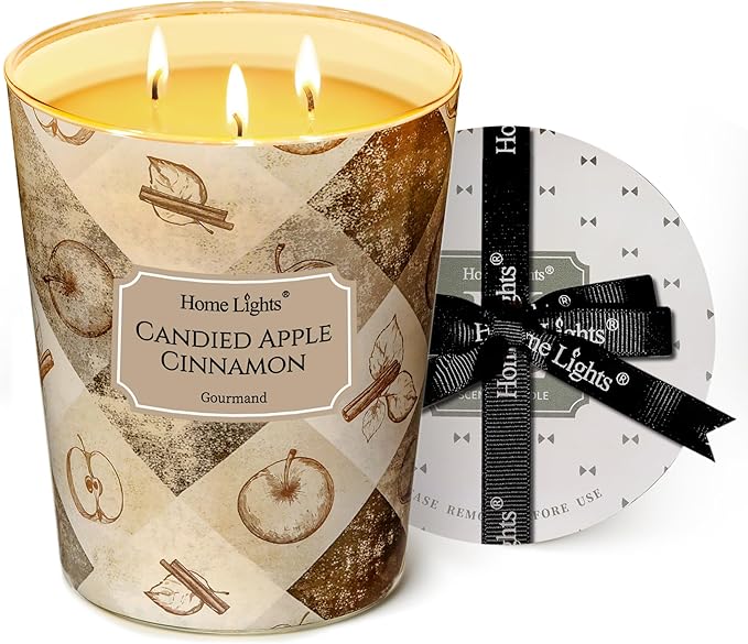 HomeLights Scented Candles | Large Jar 34 Oz Natural Soy Candle | 130 hrs Long-Lasting with 3 Wicks | Rustic Modern Home Decor | Gifts for Mom & Women, Candied Apple Cinnamon