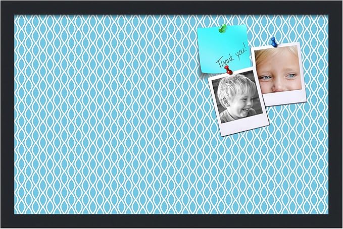 PinPix 22x14 inch Cork Bulletin Board. This Decorative Framed Pin Board Comes with Sky Blue Waves Design and a Satin Black Frame. Ideal for Home Office Decor (PinPix-245)