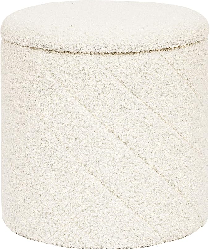 Round Ottoman with Storage, Boucle Foot Rest Stool with Reversible Tray Lid, Folding Teddy Ottoman Coffee Table for Dorm Living Room Bedroom Entryway, White,13" x 13" x 13.8"