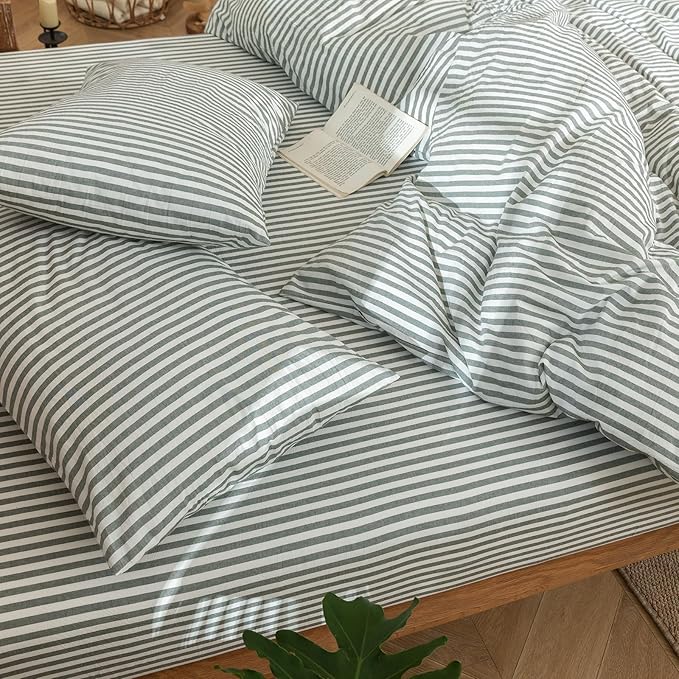 MooMee Striped Duvet Cover Set 100% Washed Cotton Linen Like Textured Breathable Durable Soft Comfy (Heathered Green Classic Stripes, Super King Plus 120"x120")