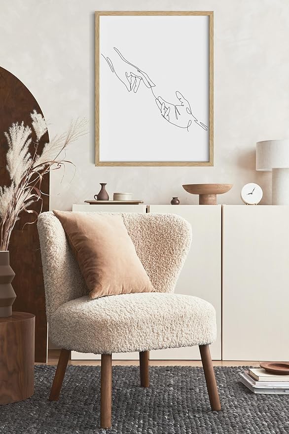 Minimalist Reaching Hands Wall Art Continuous Line Drawing Connection Symbol 16x20 Inch Oak Wood Beige Framed Aesthetic Modern Decor Print for Bedroom Living Room