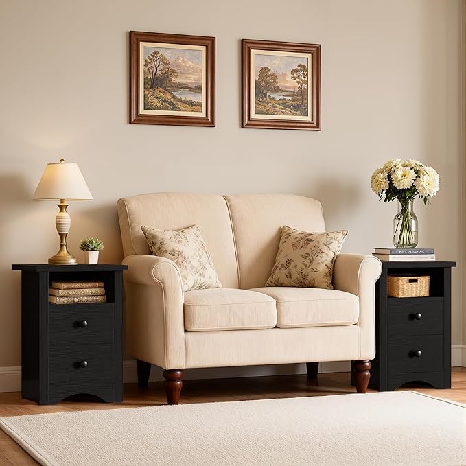 JUMMICO Farmhouse Nightstands, End Table with 2 Storage Drawers and Open Shelf, Rustic Bedside Table for Bedroom, Living Room(2, Black)