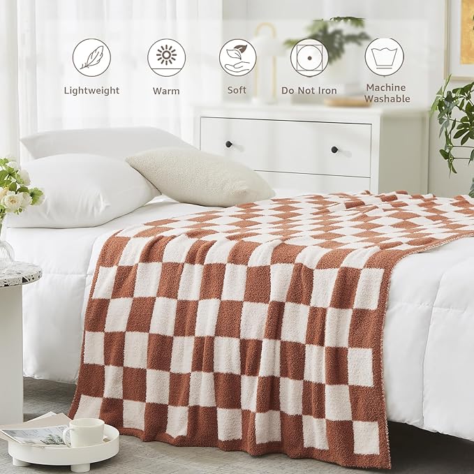 WRENSONGE Checkered Throw Blanket, Autumn Leaf Orange Soft Cozy Fluffy Warm Hand Made Throw Blankets for Couch, Sofa, Chair, Bed, Camping, Picnic, Travel Lightweight Bed Blanket - 60"*80"