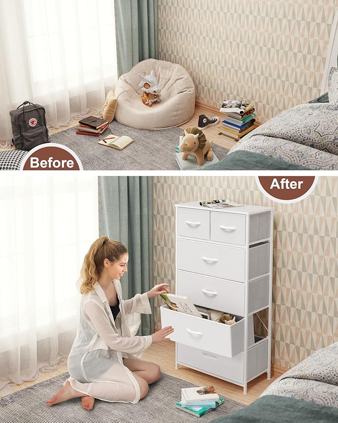 Crestlive Products Tall Dresser for Bedroom Vertical Skinny Dresser - Sturdy Steel Frame, Wood Top, Easy Pull Fabric Bins- Organizer Unit for Bedroom, Entryway, Closets - 6 Drawers (White)
