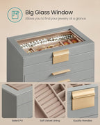 SONGMICS GISELLA Collection - Jewelry Box Organizer, 6-Layer Jewelry Storage with 5 Drawers, Shiny Metal Hardware, Glass Lid, Modern, 6.4 x 9.9 x 11.4 Inches, Dove Gray and Gold Color UJBC171G01