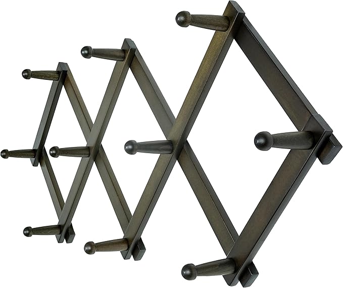 Dseap Accordion Wall Hanger: 16" High Wooden Expandable Coat Rack,Hat Rack,Accordion Hook Wall Mount for Baseball Caps,Coats,10 Peg Hooks,Dark Walnut