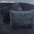 WRENSONGE Velvet King Size Quilt Set-3 Pieces Blue Grey Luxurious Velvet Striped Channel Comforter with 2 Shams, Soft Bedspread Coverlet Quilted Bedding Set for All Season