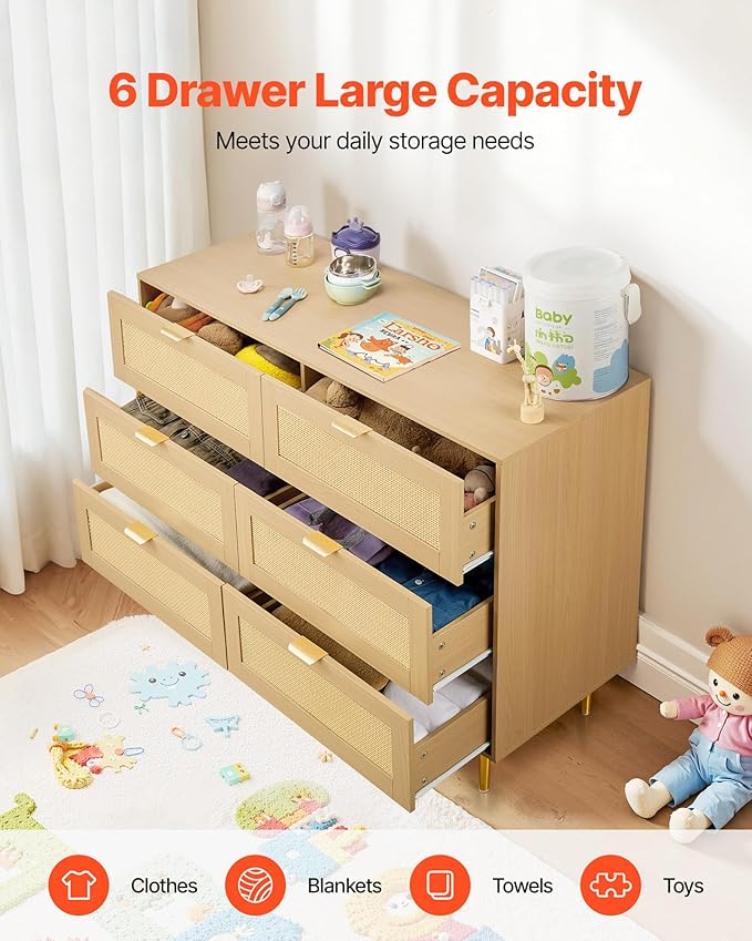 VEVOR Rattan Dresser 6 Drawer, 47.2'' Wide Boho Wood Dresser, Double Dresser Chest of Drawers with Golden Handles and Legs, TV Stand Dresser for Bedroom, Living Room, Entryway, Hallway, Natural Oak