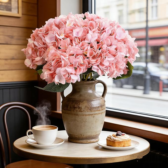 Kimura's Cabin 6pcs Pink Fake Hydrangea Flowers Artificial Silk Hydrangea Bouquets Faux Hydrangea with Stems for Wedding Home Party Table Core Decoration (Pink, Pack of 6)