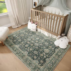 Washable 5x7 Area Rugs for Living Room, Boho Non-Slip Vintage Distress Rugs for Bedroom Dining Room Nursery Office, 0.3" Neutral Oriental Throw Thin Carpet with Cushioning Pad, Sage Green/Blue/Multi