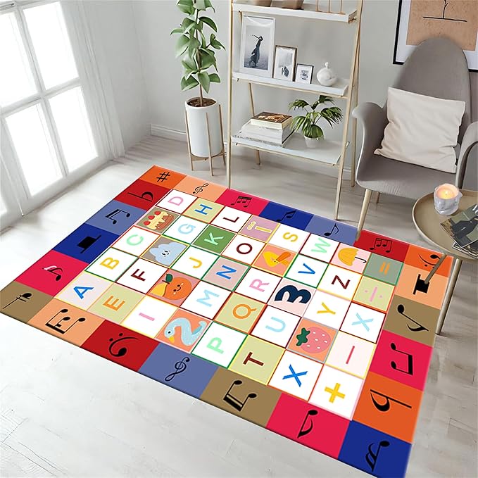 Education Learning Rug Colorful Musical Number Symbols and ABC English Letters Decorate Carpet Baby Crawling Mats with Anti-Skid Rubber Backing for Classroom Home Learning Area Office, 6x9ft