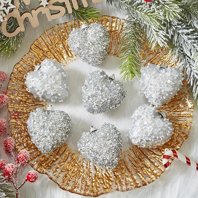 Silver Valentine's Day Heart Tree Ornaments 10Pcs Glitter Sequin Heart Shaped Baubles Decoration Valentines Pearl Foam Hanging Decor(2.36in)
