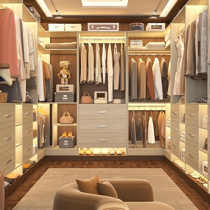 Aheaplus Closet System with 3 Drawers, 5 Hanging Rods & Corner Tower, Corner Closet System with Hanging, 88.8" U-Shaped Walk-In Wardrobe Organizer, 2000+ lbs Capacity, Set of 3, White Oak