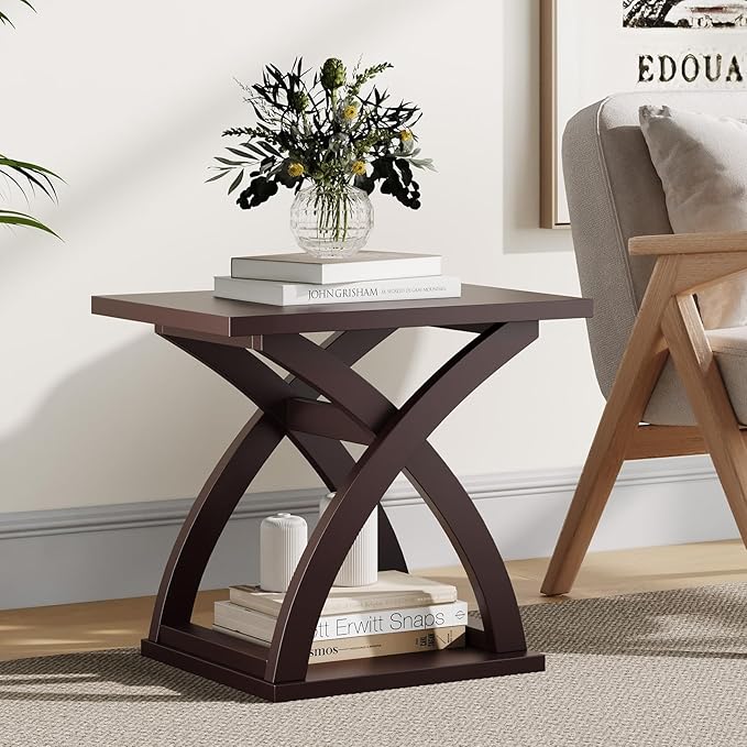ChooChoo End Side Table, Modern End Table with Storage Shelf, X-Design Side Table Living Room(Espresso)