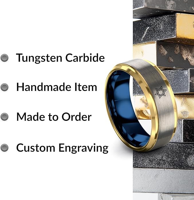 Mezuzah star Of David Ring - Gift for Jewish Family - Flat Dome Bevel - 8mm - Men Women - Yellow Gold Black Silver Blue - Anniversary Wedding - Personalized Custom Engraving - Band - Brushed Polished