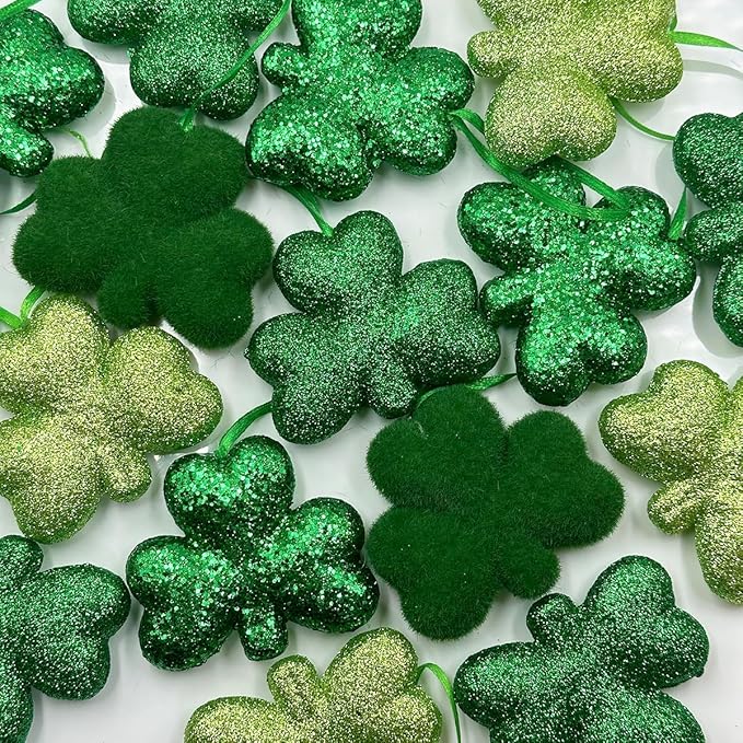 St Patrick's Day Shamrocks Hanging Ornaments, 24Pcs Green Shamrocks Hanging Ornament Luck Clover Bauble Decoration for Saint Patrick's Party Supplies Tiered Tray Table Crafts Decor