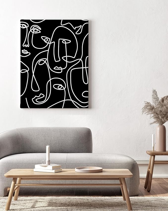 Abstract Face Pattern Wrapped Canvas Wall Art Black Background White Continuous Line Drawing 24x36 Inch Gallery Stretched Modern Home Art Decor