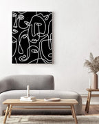 Abstract Face Pattern Wrapped Canvas Wall Art Black Background White Continuous Line Drawing 24x36 Inch Gallery Stretched Modern Home Art Decor