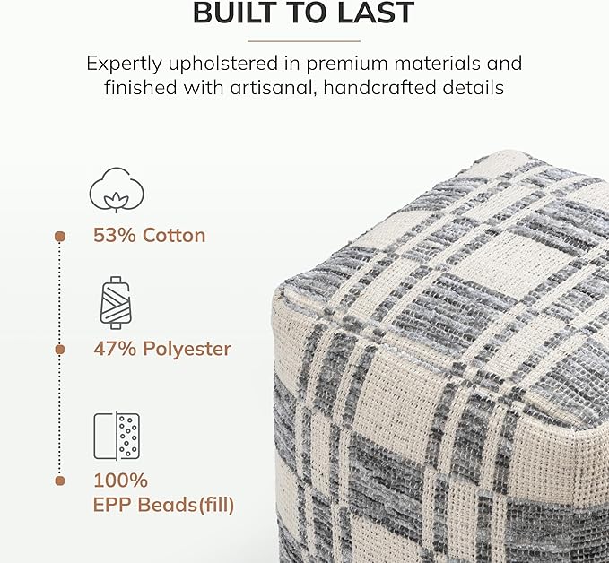Anji Mountain Artisan Crafted Cotton Blend Pouf Ottoman | Versatile Floor Seating & Footstool for Living Room | Modern Boho Home Décor Accent | Filled Pouffe