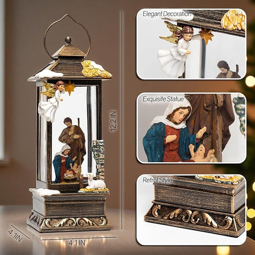 12" Christmas Snow Globe Lantern with Nativity and Angel - Water Glitter LED Light Musical Lantern with Exterior Decor - Vintage Xmas Gifts - USB Plug or Battery Operated Home Decor(Angel & Nativity)