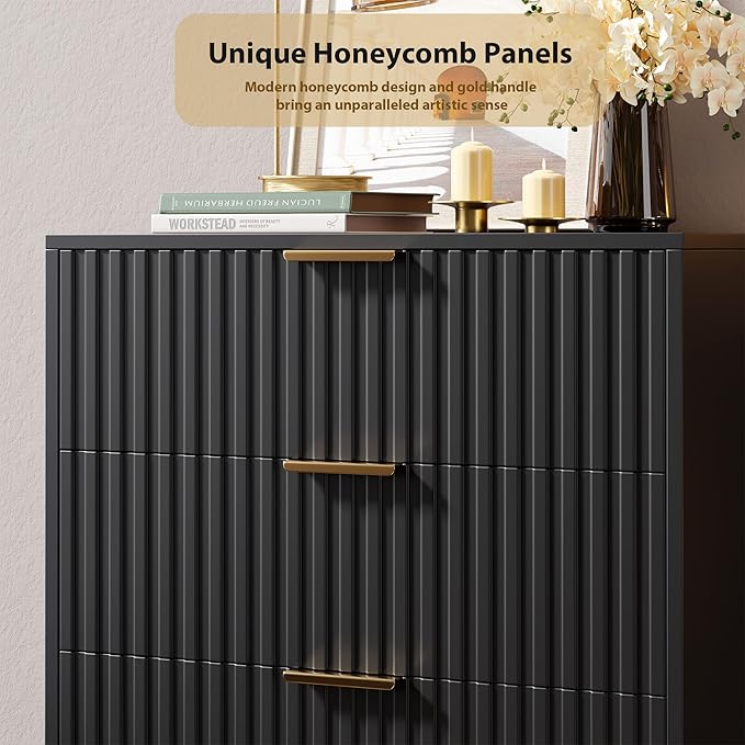 GarveeHome 5 Drawer Dresser for Bedroom, 48 in Tall Modern Chest of Drawers with Deep Drawers and Wide Top, Fluted Wooden Dresser Organizer for Living Room, Hallway, Kids Room, Black