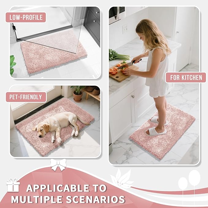 Yimobra Chenille Bathroom Rugs Non Slip, Extra Thick Soft Absorbent Bath Rug 31.5x20 Inch, Machine Washable Quick Dry Bath Mat for Bathroom Floor, Tub and Shower, Home Decor Accessories, Pink