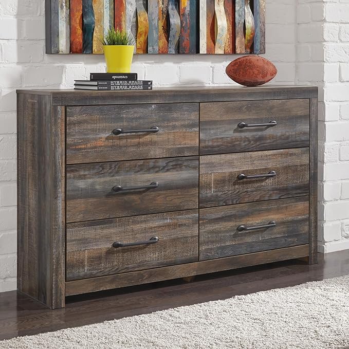Signature Design by Ashley Drystan 6 Drawer Dresser, Large-scale Hardware, Smooth-gliding Drawers, Wood, 58.7" W x 15.31" D x 36.46" H, Weatherworn Brown