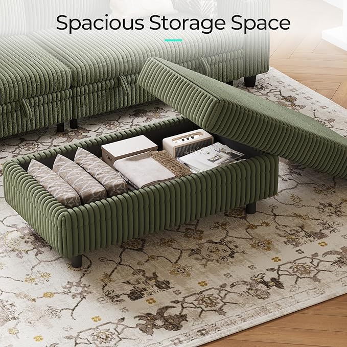 LINSY HOME Sectional Sleeper Sofa Storage Ottoman Bench, Convertible Coffee Table Plush Corduroy Couch Ottoman Footstool for Living Room, Bedroom Entryway and Family Room, Green