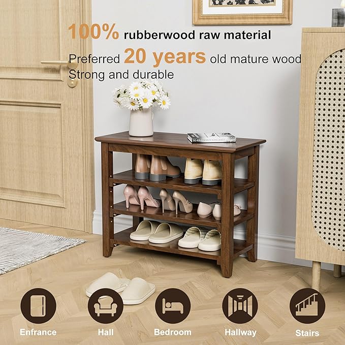 Shoe Rack Bench, 4-Tier Shoe Shelf Organizer, 25.6" Entryway Storage Bench for Hallway, Bedroom, Living Room, Bedroom, Hold up to 550 lbs, Solid Wood, Dark Brown
