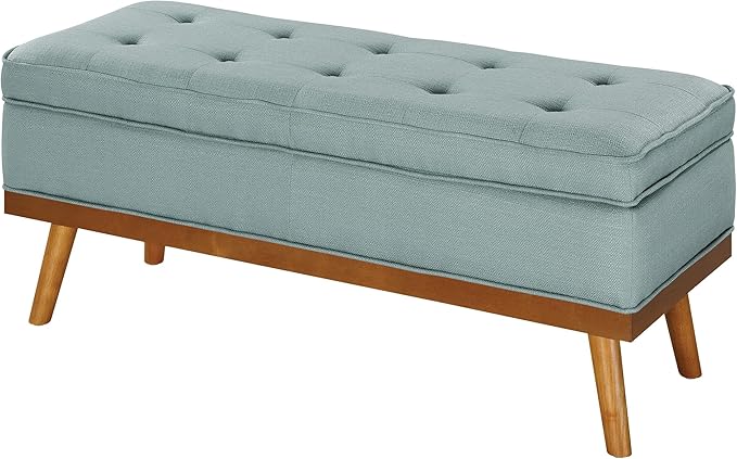 OSP Home Furnishings Katheryn Mid-Century Modern Storage Bench with Tufted Seat and Wood Legs, Sea Blue Fabric
