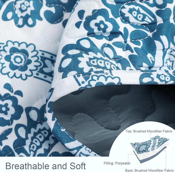 Exclusivo Mezcla Reversible Boho Quilts Queen Size, Blue Bedspreads Lightweight Coverlet All Season Damask Quilt Bedding Set with Printed Floral Pattern (1 Quilt, 2 Pillow Shams)
