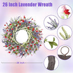 26 Inch Lavender Wreath Summer Spring Wreaths for Front Door Wreaths for Front Door for Wedding Farmhouse (Red Pink Lavender)