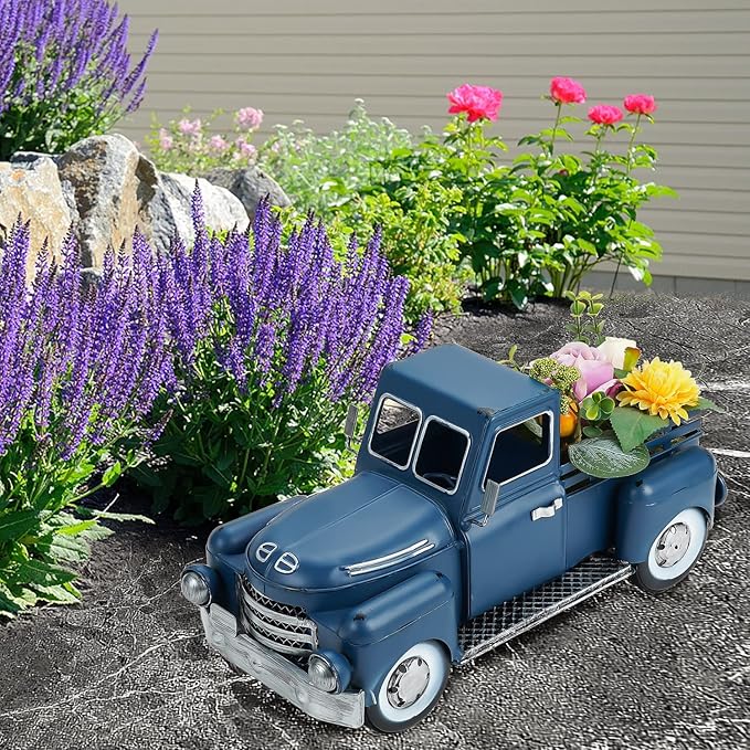 Farmhouse Blue Truck Decor, Vintage Metal Truck Table Decor, Decorative Farm Tabletop Storage & Garden Pickup Trucks Planter, Fall Coffee Desk Centerpiece & Car Model Gifts