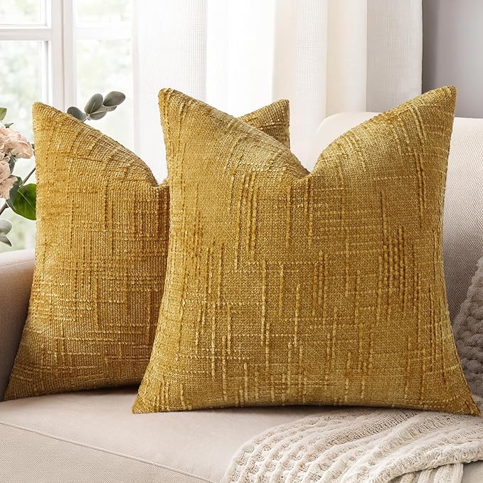decorUhome Mustard Yellow Chenille Euro Sham Throw Pillow Covers 26x26 Set of 2 Textured Soft Cozy Slubby Couch Pillow Covers Modern Farmhouse Boho Decorative Pillow Cases for Bed Sofa Living Room