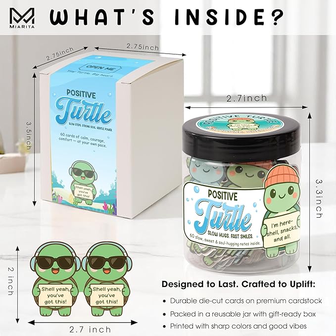 Positive Turtle Jar – 60 Funny Emotional Support Turtle, Sea Turtle Gifts for Women, Teens, Tweens, Girls, Turtle Decor, Trendy Teen Girl Stuff, Back to School Gifts, Teachers Gift