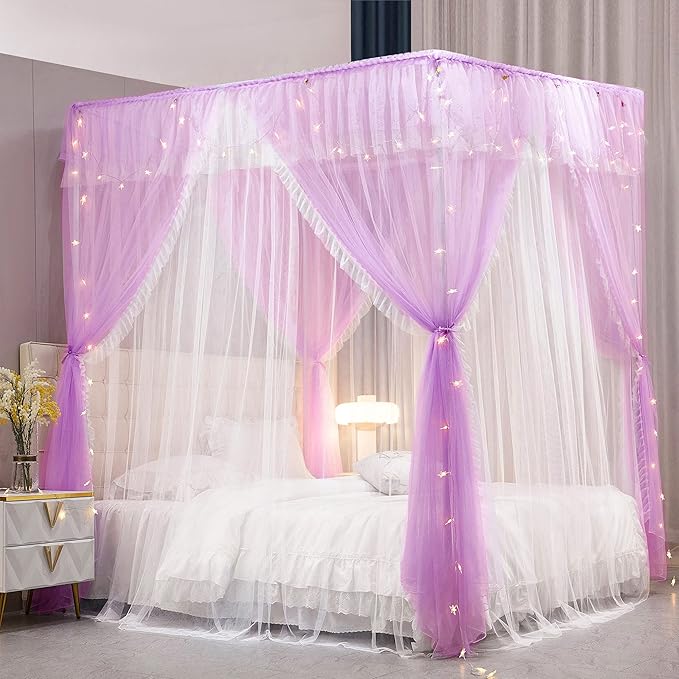 VETHIN 4 Corners Post Ruffle Princess Bed Canopy Curtain-Double Layer Cozy Drape Netting 4 Opening Mosquito Net for Girls Adults Bedroom Decoration (Double-Purple, 64" W*82" L*82"*H/(Queen))