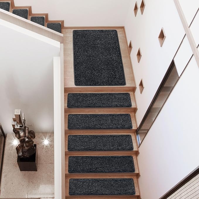 PURE ERA Carpet Stair Treads Tape Free Non Slip Indoor Stair Carpet Stair Protectors Pet-Friendly Non-Slip Skid Resistant Washable Reusable 8" x 30"(2 Pieces,Black)