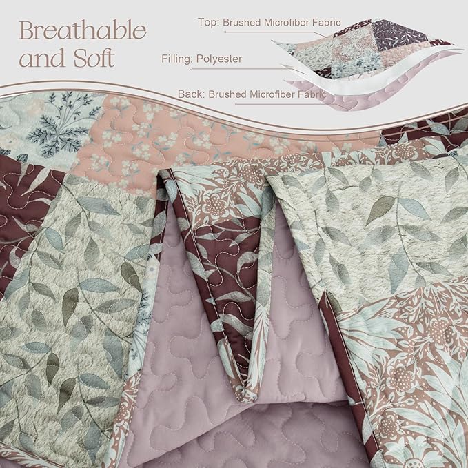 Exclusivo Mezcla Reversible Boho Quilts Queen Size, Brown Bedspreads Lightweight Coverlet All Season Patchwork Quilt Bedding Set with Printed Floral Pattern (1 Quilt, 2 Pillow Shams)