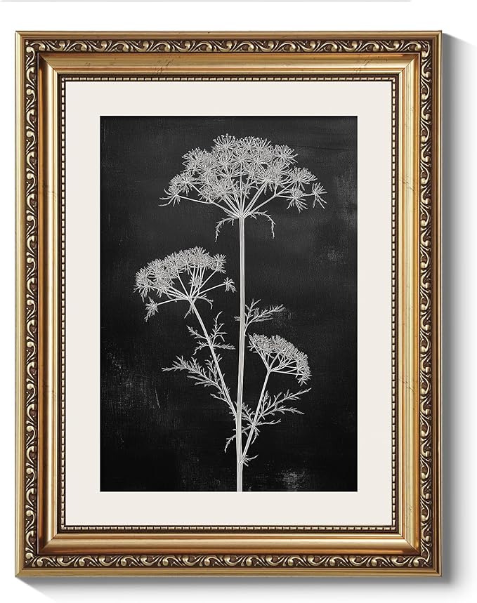 ARPEOTCY Vintage Gold Framed Wall Art Decor, Moody White Flower Picture, Dark Botanical Wall Art for Living Room, Farmhouse Bathroom Decor Aesthetic, Rustic Home Decor, 11x14 Inch