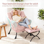 Lazy Chair with Ottoman, Modern Accent Chair with Lumbar Pillow, Velvet Pink Sofa, Lounge Chairs with Folding Footrest, Oversized Supportive Chairs for Bedroom, Reading