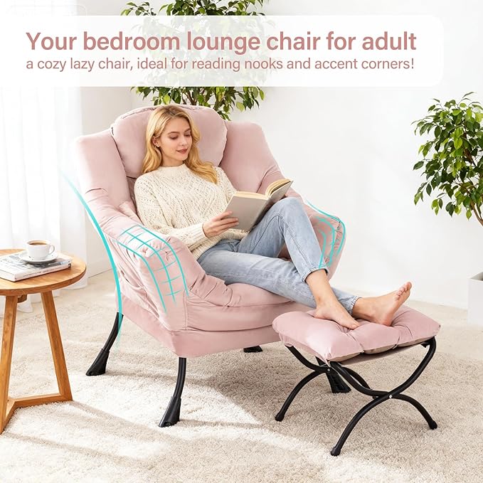 Lazy Chair with Ottoman, Modern Accent Chair with Lumbar Pillow, Velvet Pink Sofa, Lounge Chairs with Folding Footrest, Oversized Supportive Chairs for Bedroom, Reading