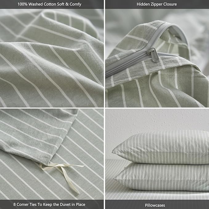 MooMee Striped Duvet Cover Set 100% Washed Cotton Linen Like Textured Breathable Durable Soft Comfy (Sage Green White Wide Stripes, Twin 68"x90")
