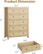 IDEALHOUSE Rattan Dresser for Bedroom with 5 Drawers, 45'' Tall Chest of Large Drawers with Large Clothes Storage Cabinet, Wood Bedroom Dresser, TV Stand for Nursery, Living Room, Enterway