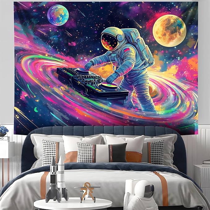 NYZE Astronaut Space Tapestry for Bedroom, Glow in the Dark Room Decor Wall Tapestries, Cool Galaxy Planet Wall Hanging, Wall Hanging for Men Guys Gamer Room Dorm Living Room 90x70 in
