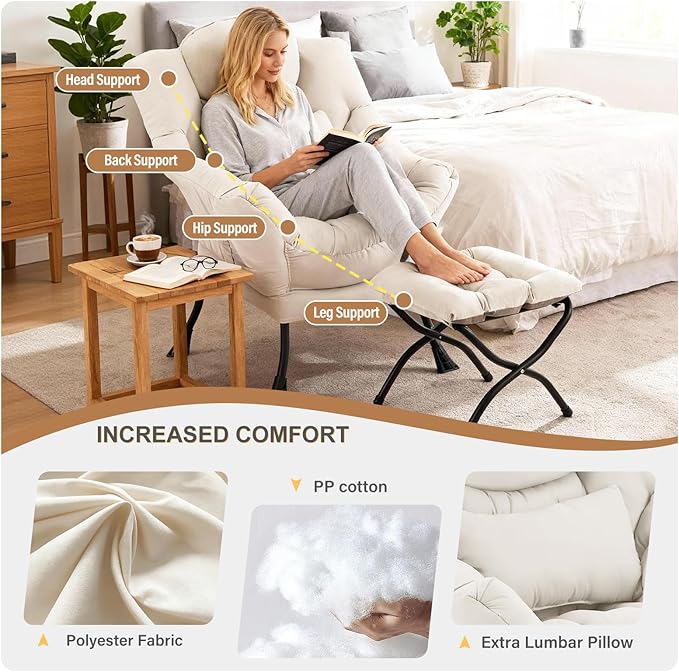 Lazy Chair with Ottoman, Modern Accent Chair with Lumbar Pillow, Beige Sofa, Lounge Chairs with Folding Footrest, Oversized Supportive Chairs for Bedroom, Reading