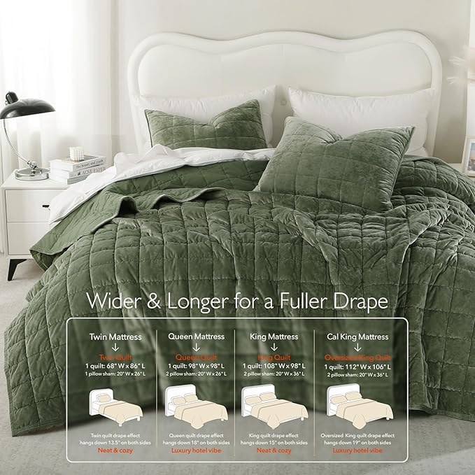 KASENTEX Greek Velvet King Quilt Set, Ultra-Soft Luxe Sheen, 100% Cotton Backing, 150GSM Down-Alternative Fill, Expanded 108×98" Coverage for Fuller Side Drape (1 Quilt + 2 Pillow Shams), Loden Green