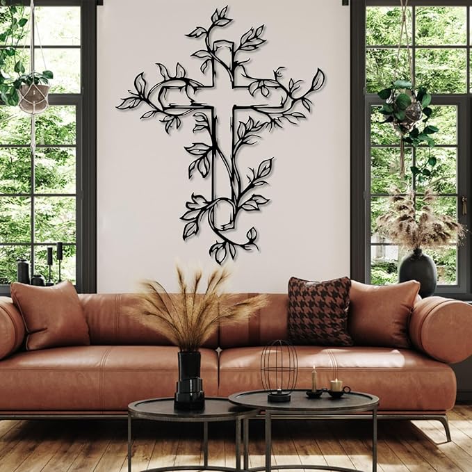 Hotuijxca Cross Metal Wall Art, Tree of Life Crosses Metal Wall Decor, Christianity Wall Art for Living Room, Bedroom(Black,19" x 15" / 47 x 38 cm)